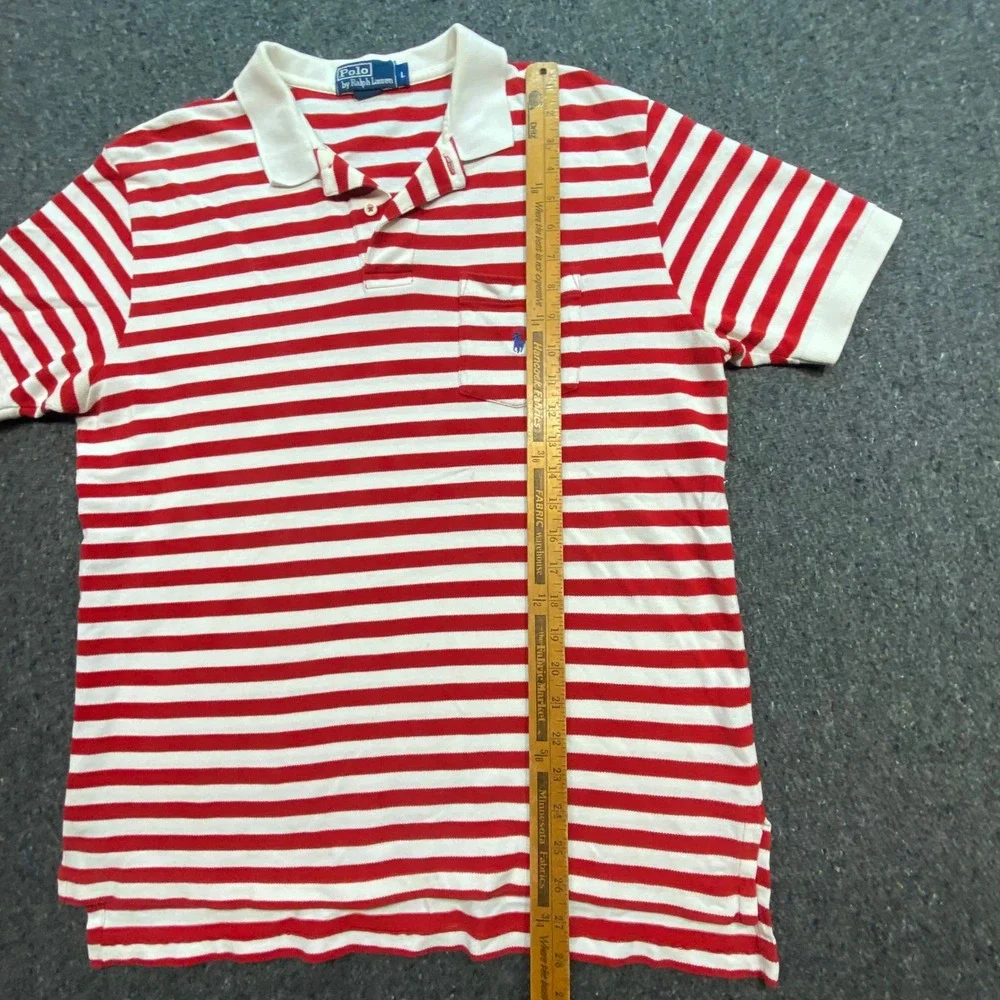 Ralph Lauren Polo Sz L Mens Red White Striped Preppy Pocket Pony TShirt 8253